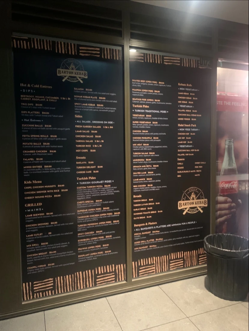Menu, Barton Kebab