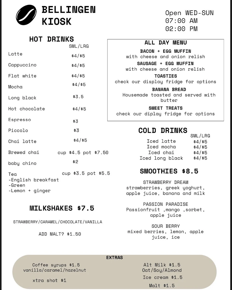 Menu, Bellingen Kiosk