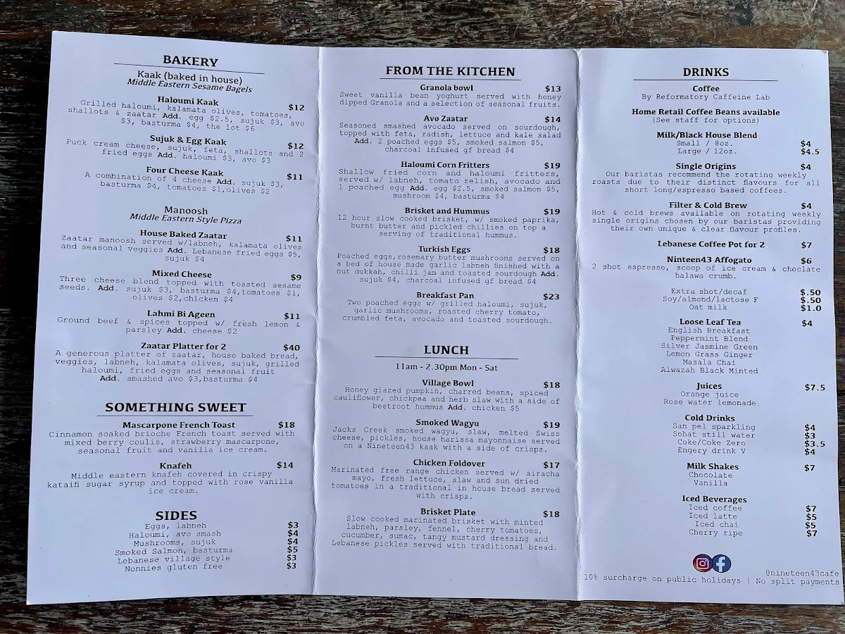 Menu, Nineteen43