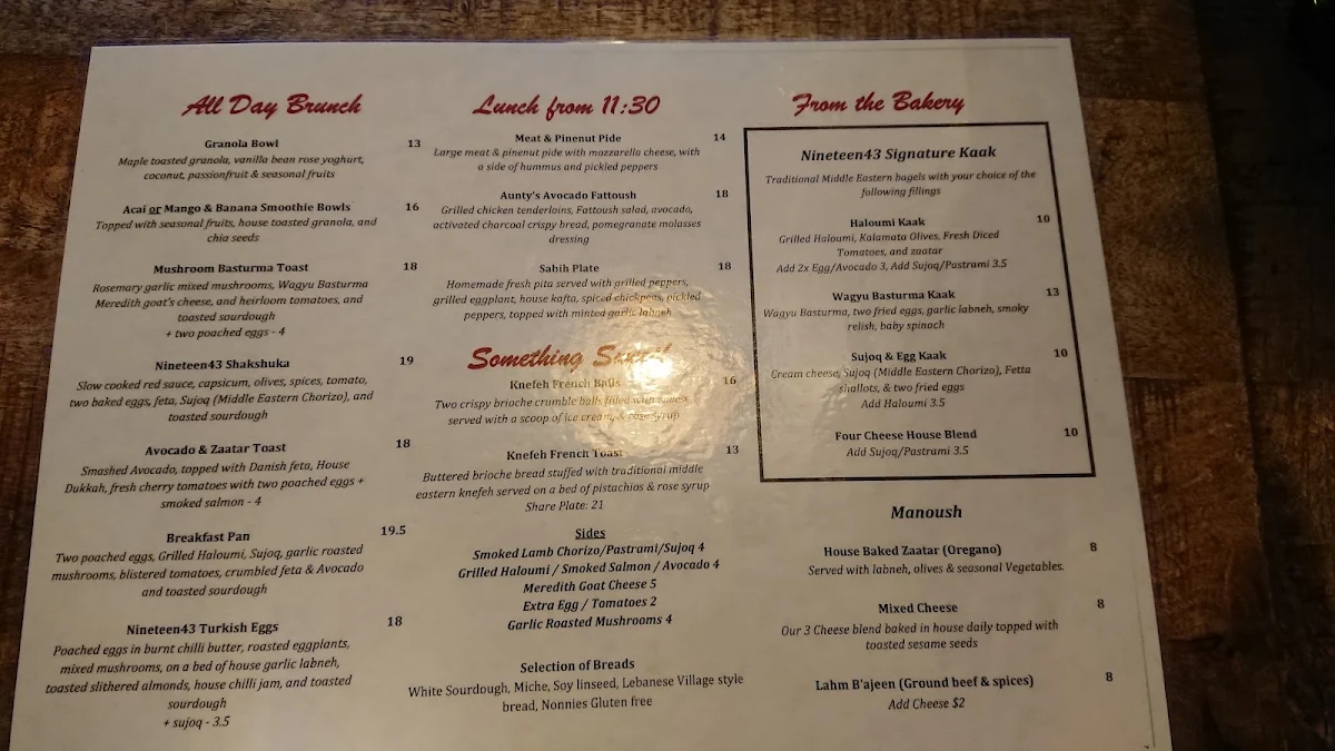Menu, Nineteen43