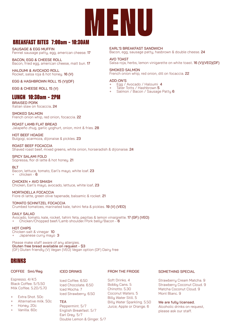 Menu, Earl's