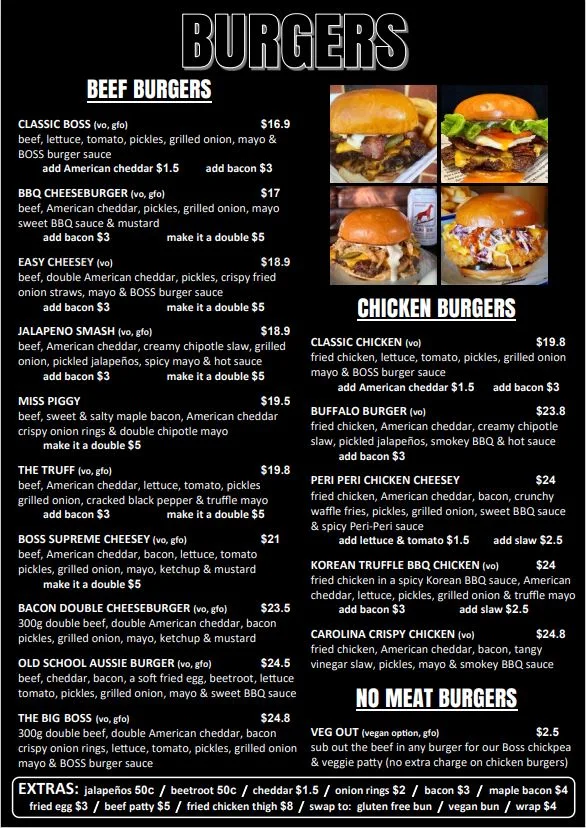 Menu, Boss Burgers Perth