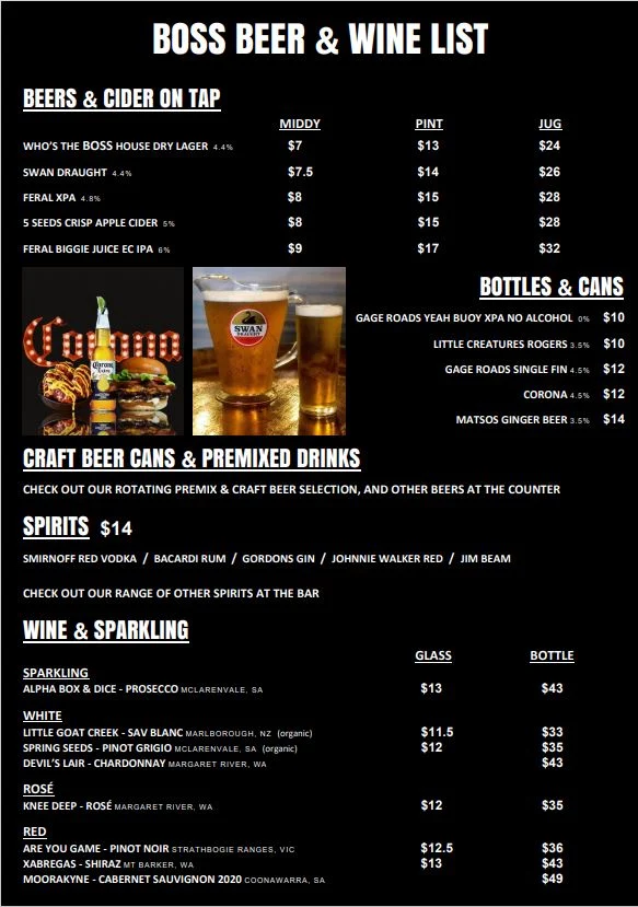 Menu, Boss Burgers Perth