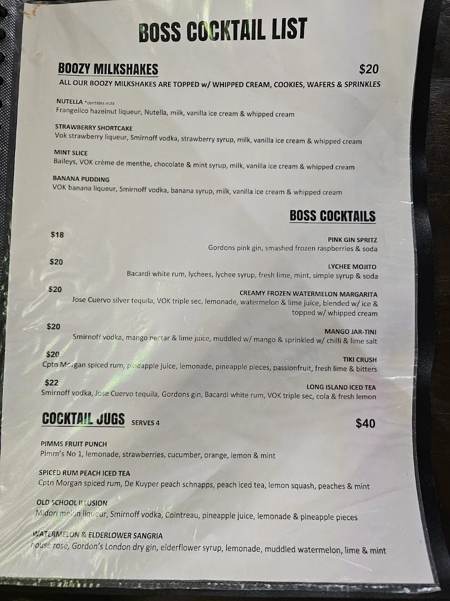 Menu, Boss Burgers Perth