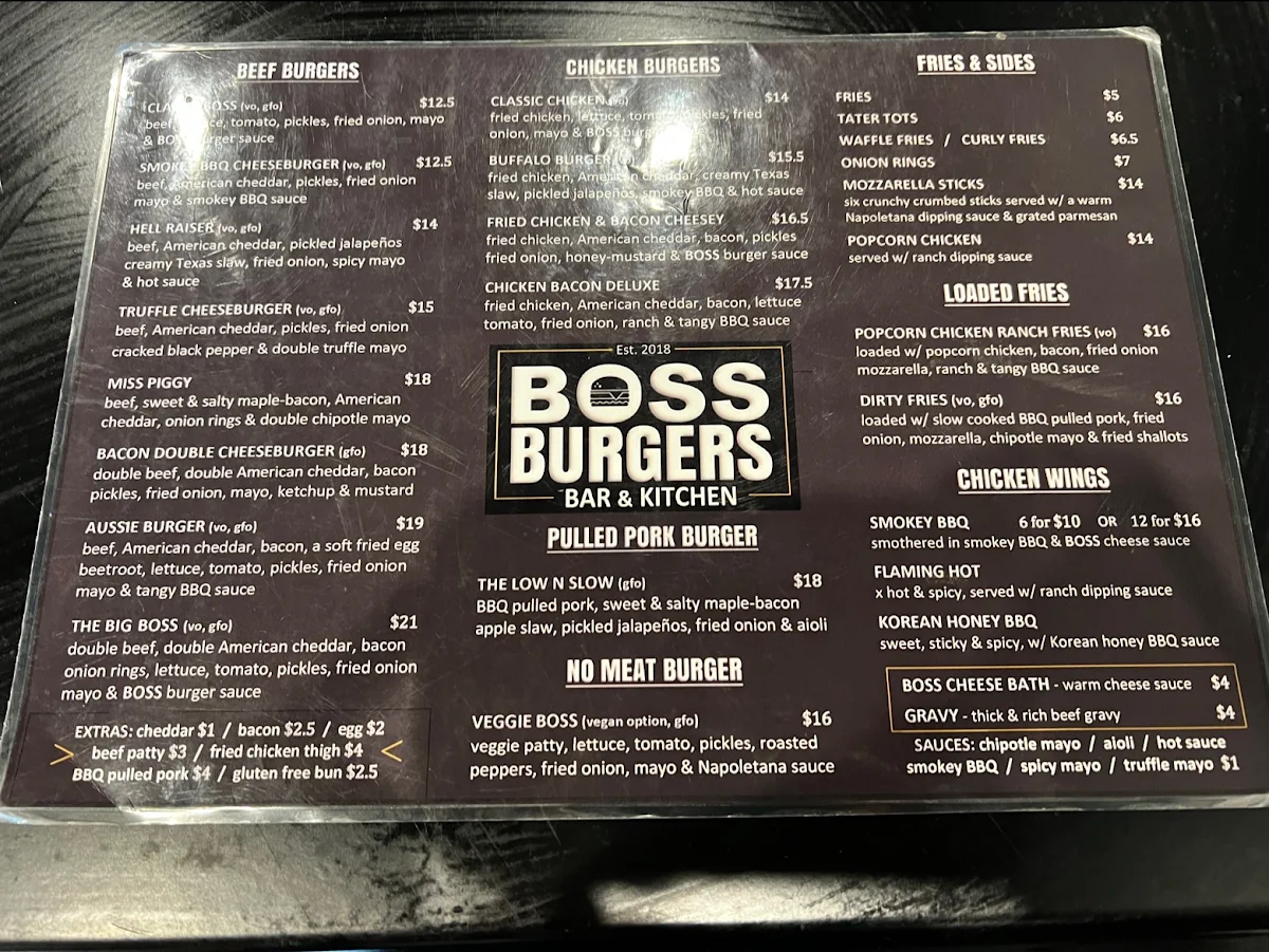 Menu, Boss Burgers Perth