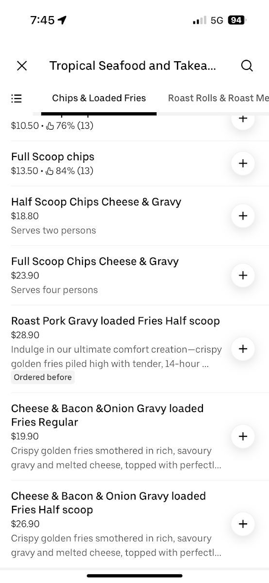 Menu, Tropical Seafood & Takeaway Townsville
