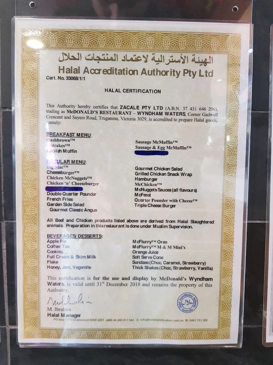 Menu, McDonald's Wyndham Waters