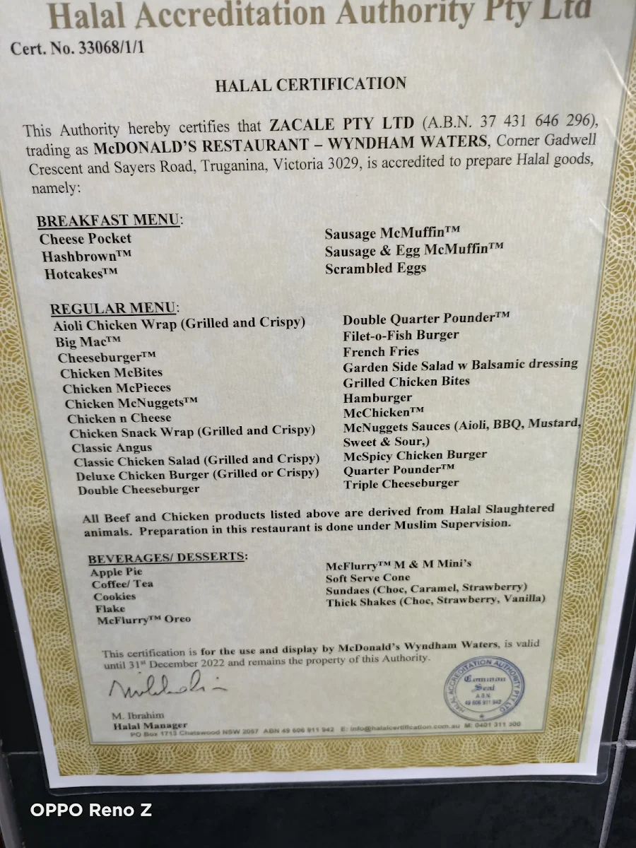 Menu, McDonald's Wyndham Waters