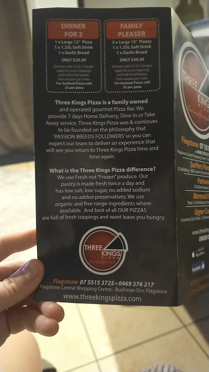 Menu, Three Kings Pizza Flagstone
