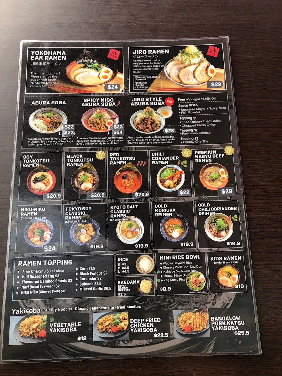 Menu, JFX Noodle & Tapas Bar