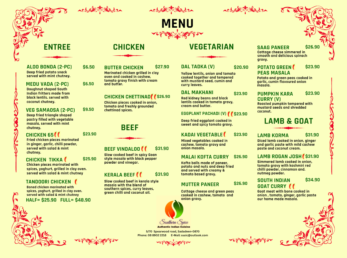 Menu, Southern Spice Authentic Asian Cuisine