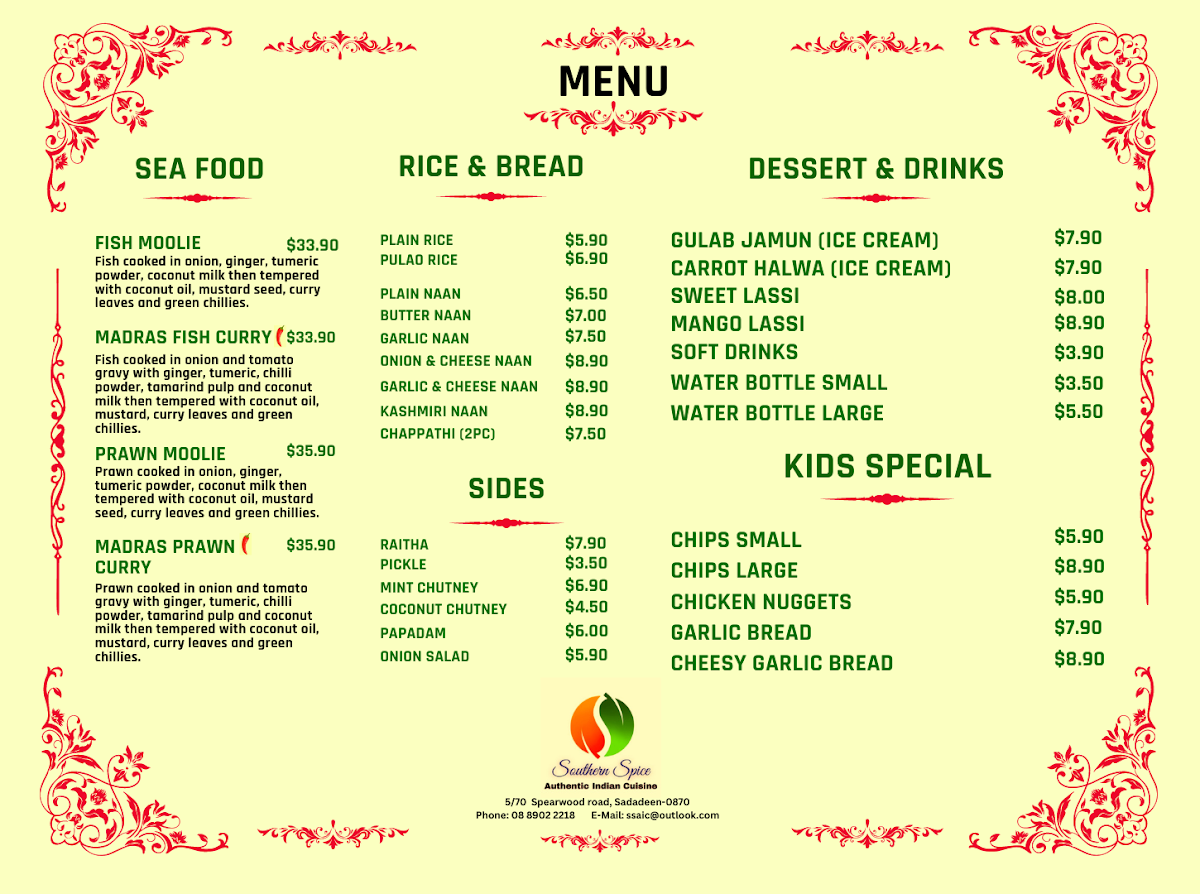 Menu, Southern Spice Authentic Asian Cuisine