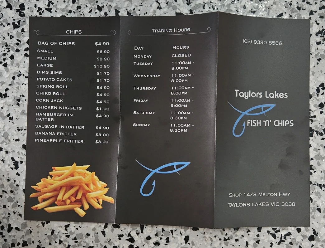 Menu, Taylors Lakes Fish N Chips