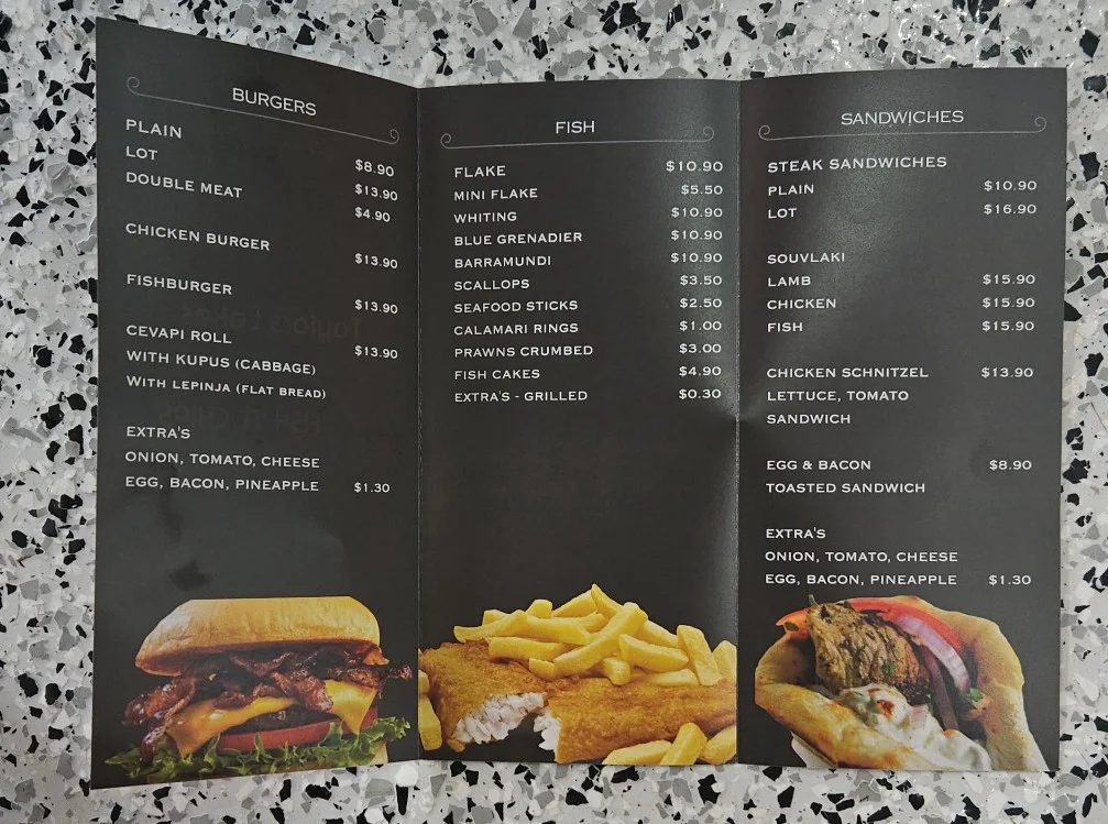 Menu, Taylors Lakes Fish N Chips
