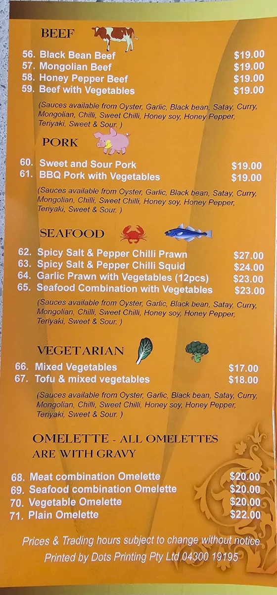 Menu, Noodle King