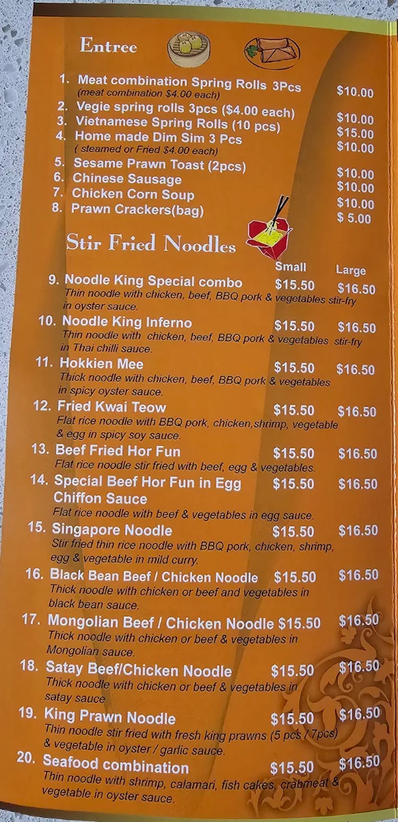 Menu, Noodle King