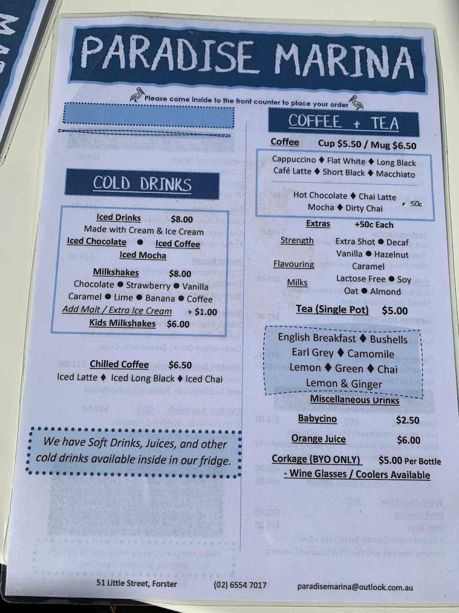 Menu, Paradise Marina