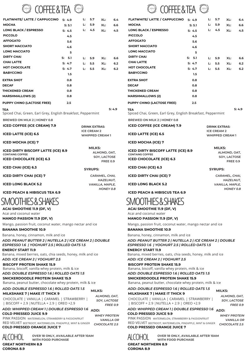 Menu, Cadence Cafe