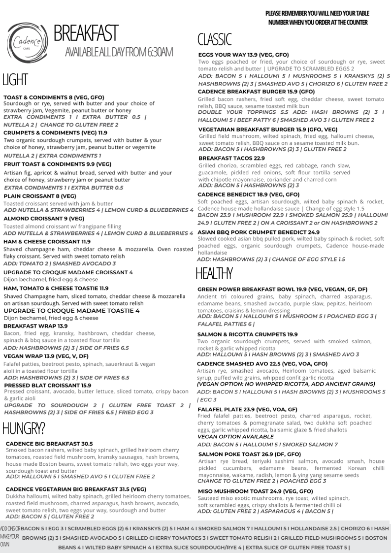Menu, Cadence Cafe