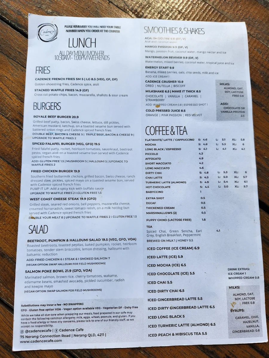 Menu, Cadence Cafe