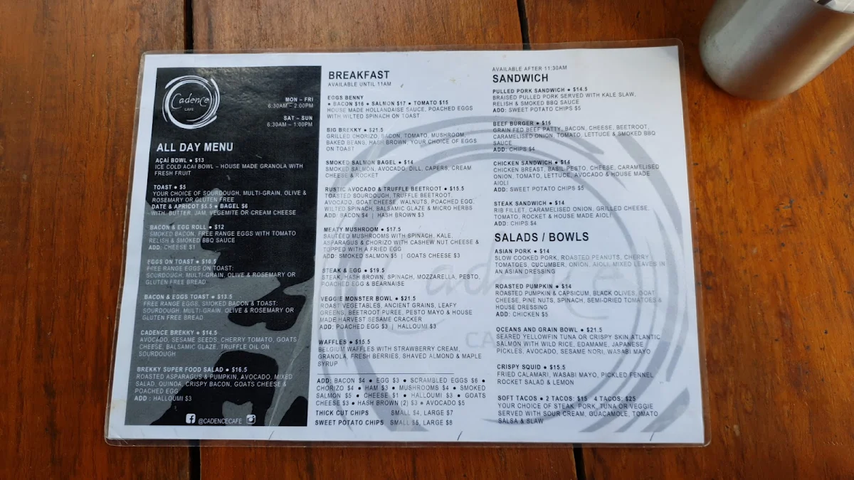 Menu, Cadence Cafe