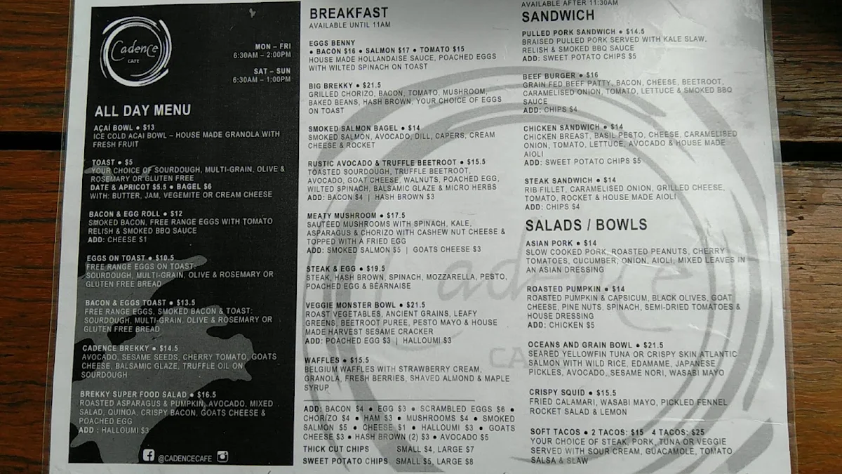 Menu, Cadence Cafe