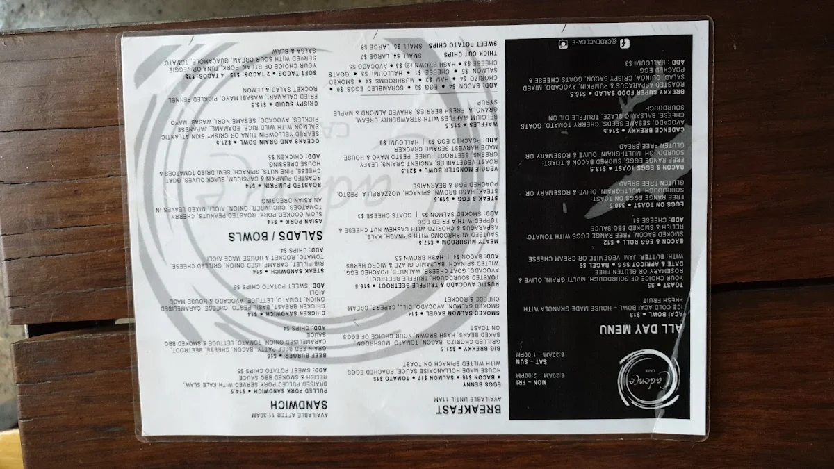 Menu, Cadence Cafe