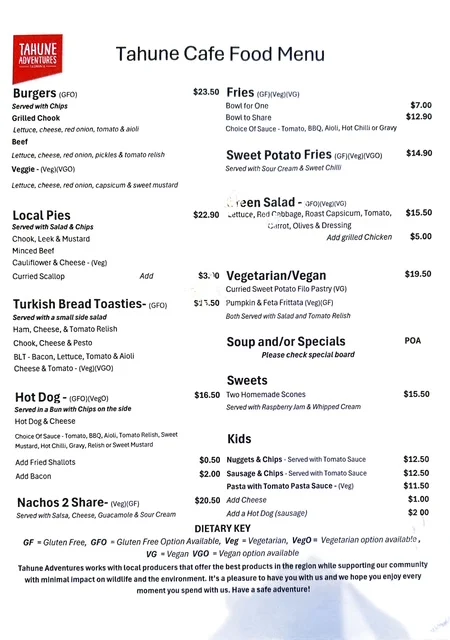 Menu, Tahune Airwalk Cafe