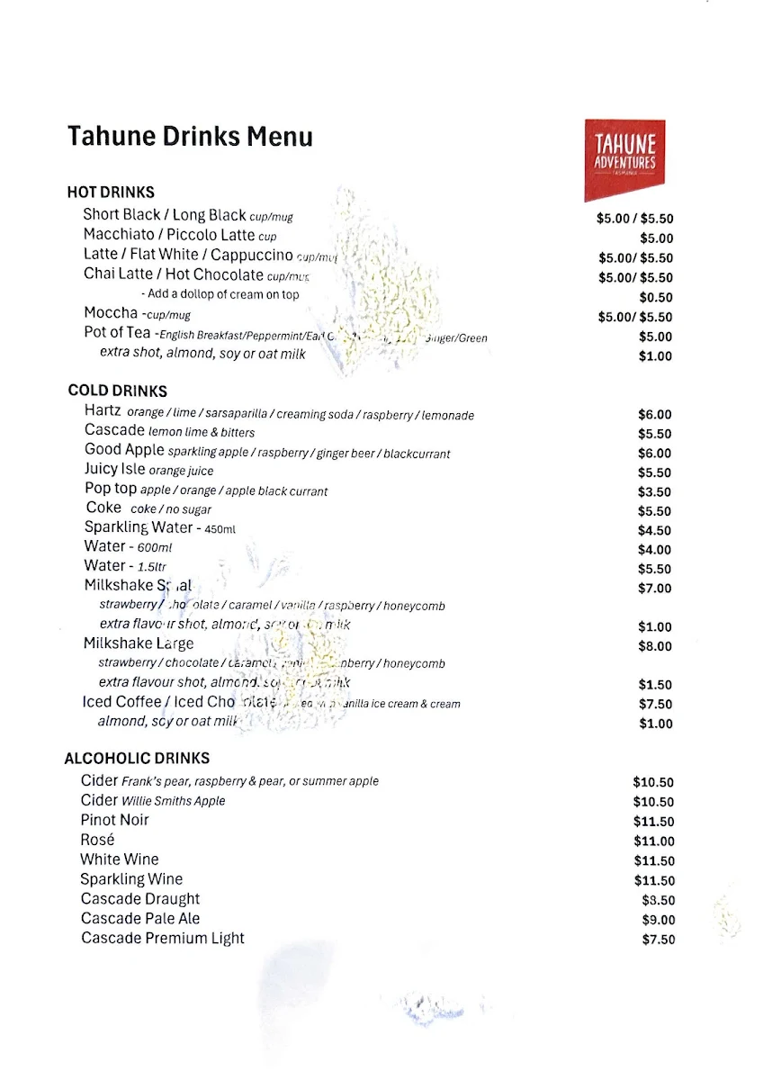 Menu, Tahune Airwalk Cafe