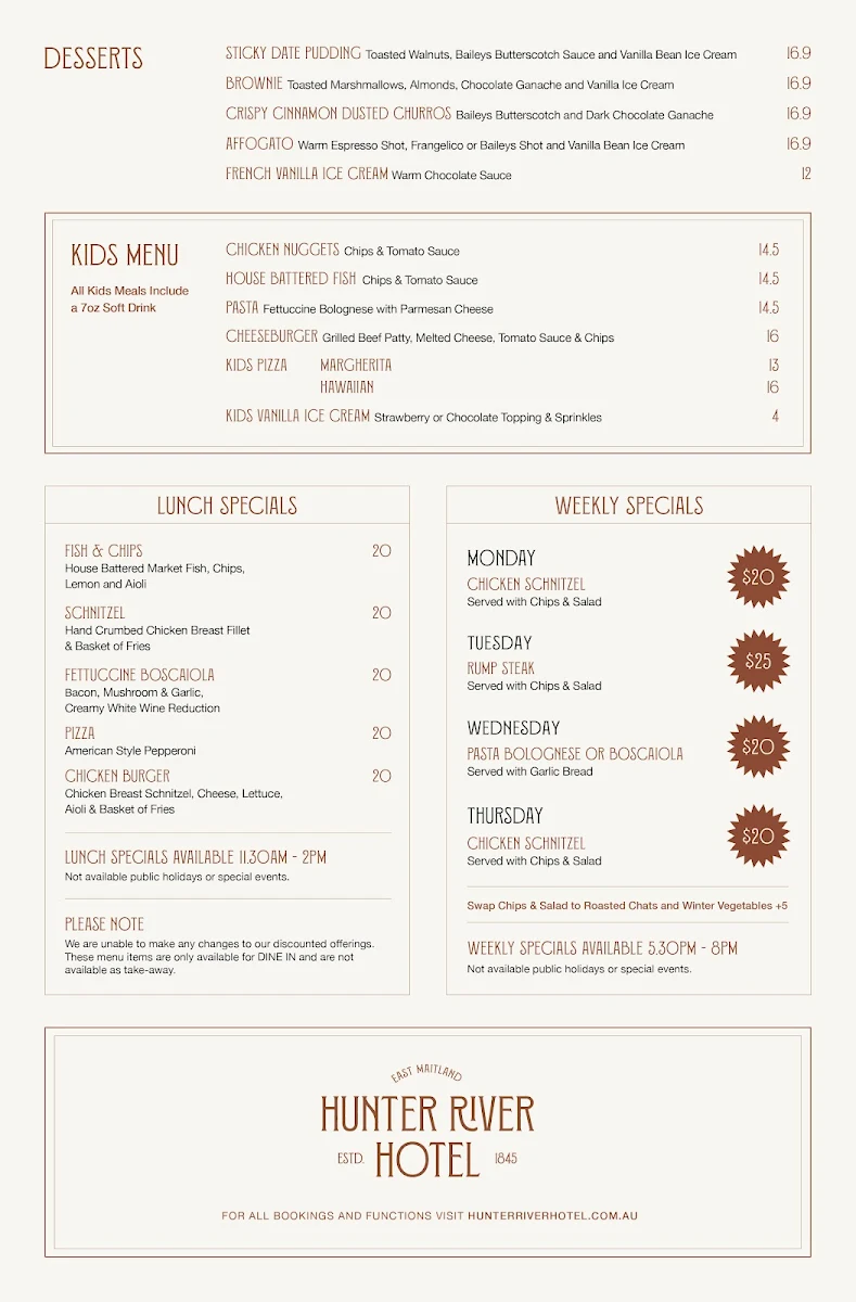 Menu, Hunter River Hotel