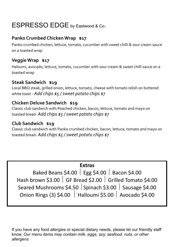 Menu, Espresso Edge