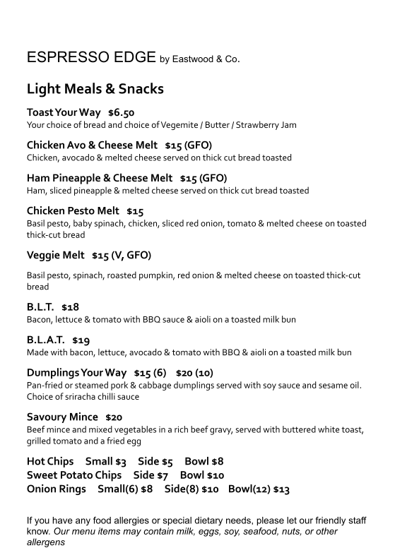 Menu, Espresso Edge