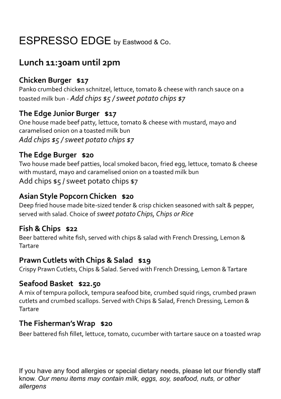 Menu, Espresso Edge