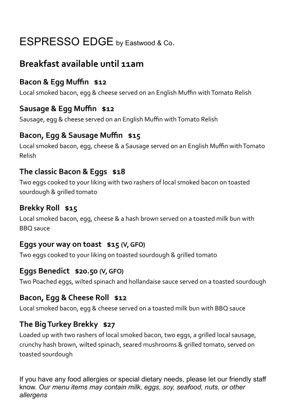 Menu, Espresso Edge