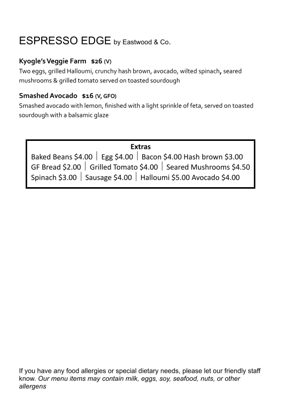 Menu, Espresso Edge