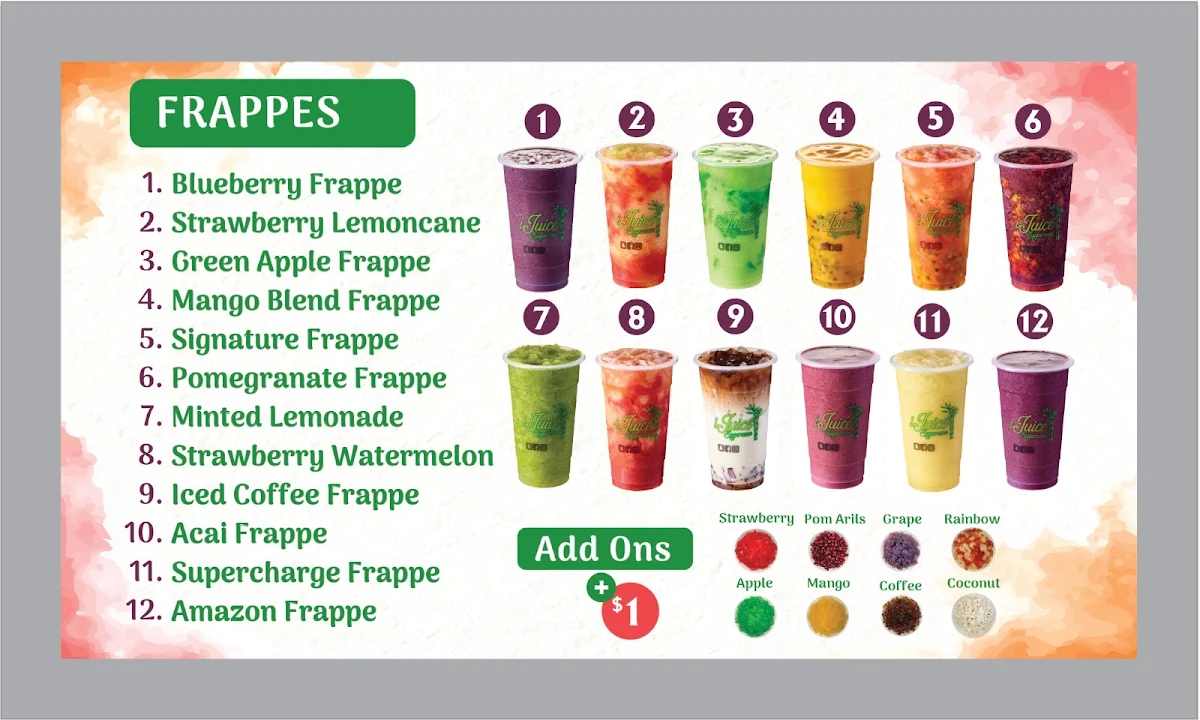 Menu, iJuice Sugarcane Guildford
