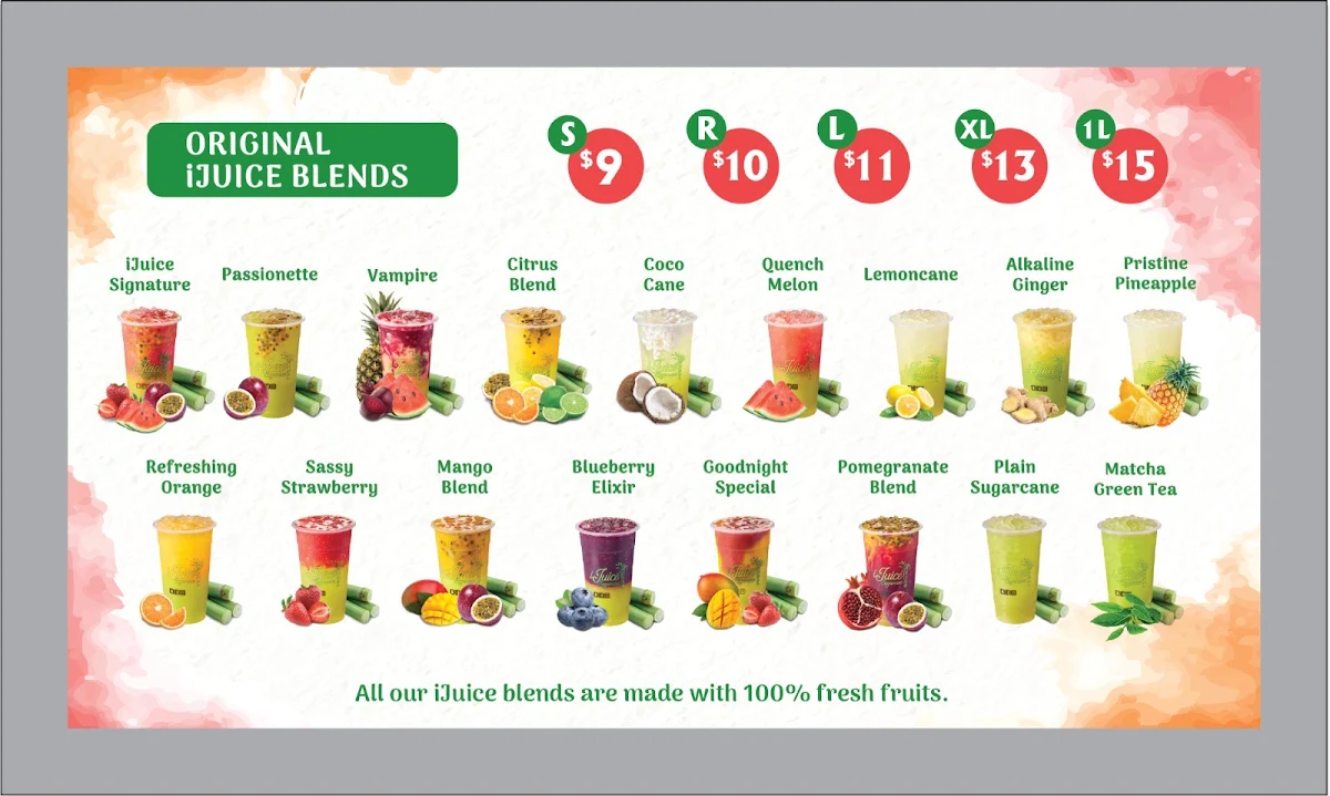 Menu, iJuice Sugarcane Guildford
