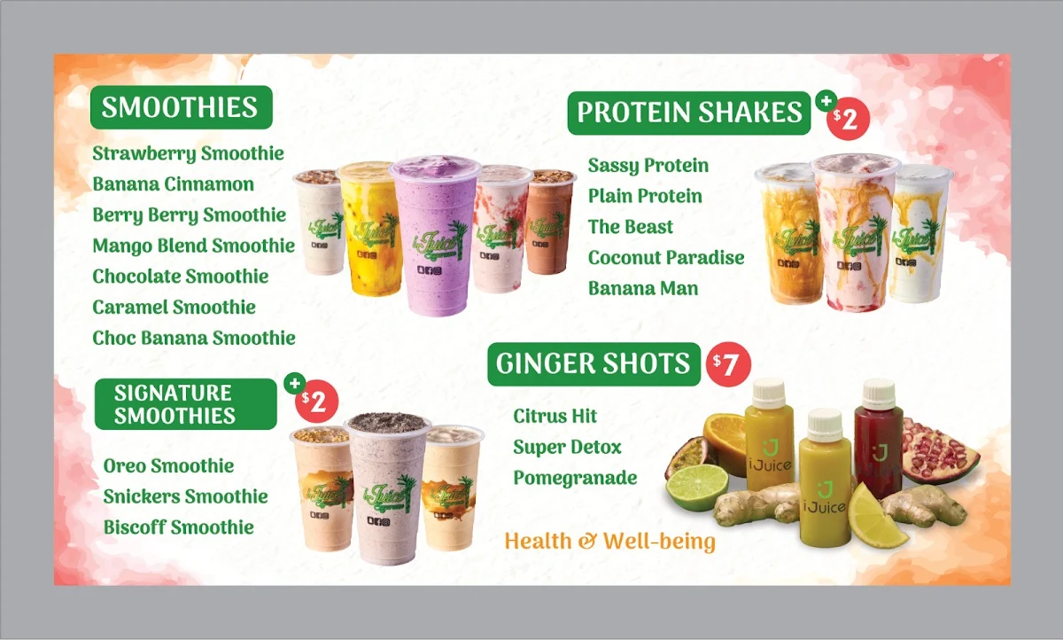 Menu, iJuice Sugarcane Guildford