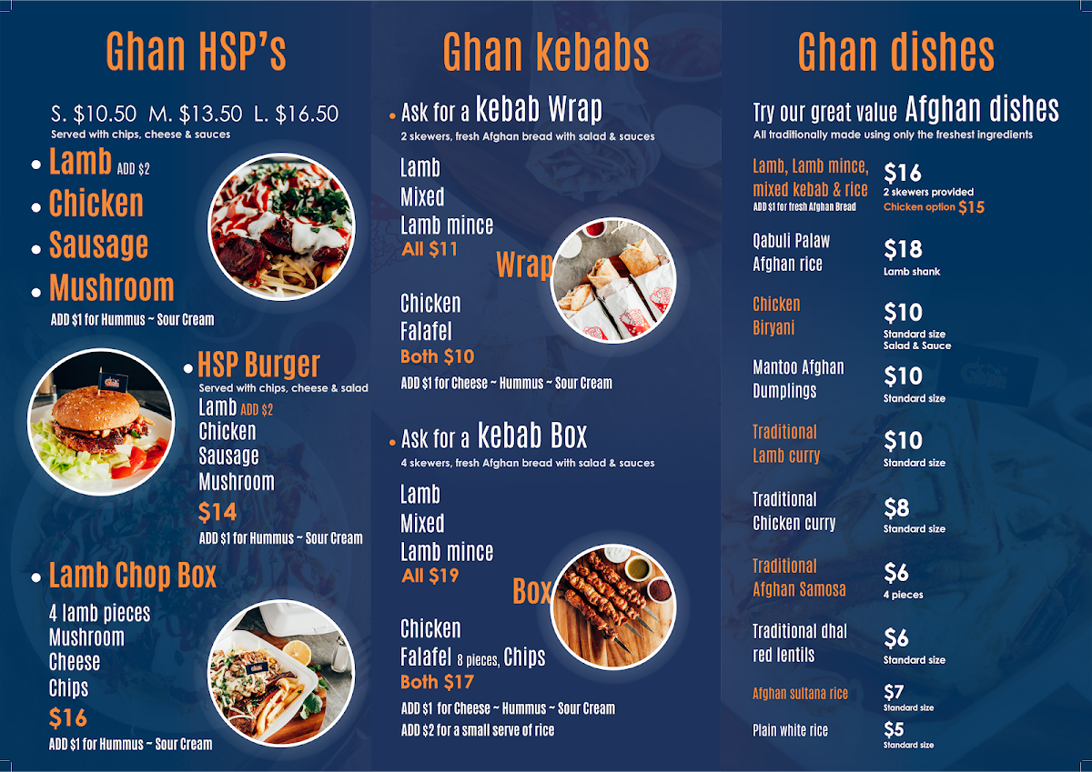 Menu, Ghan Kebab & Takeaway