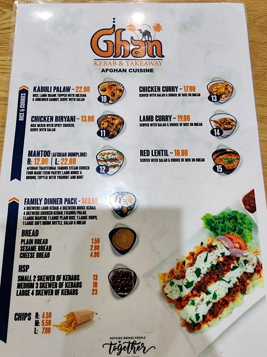 Menu, Ghan Kebab & Takeaway