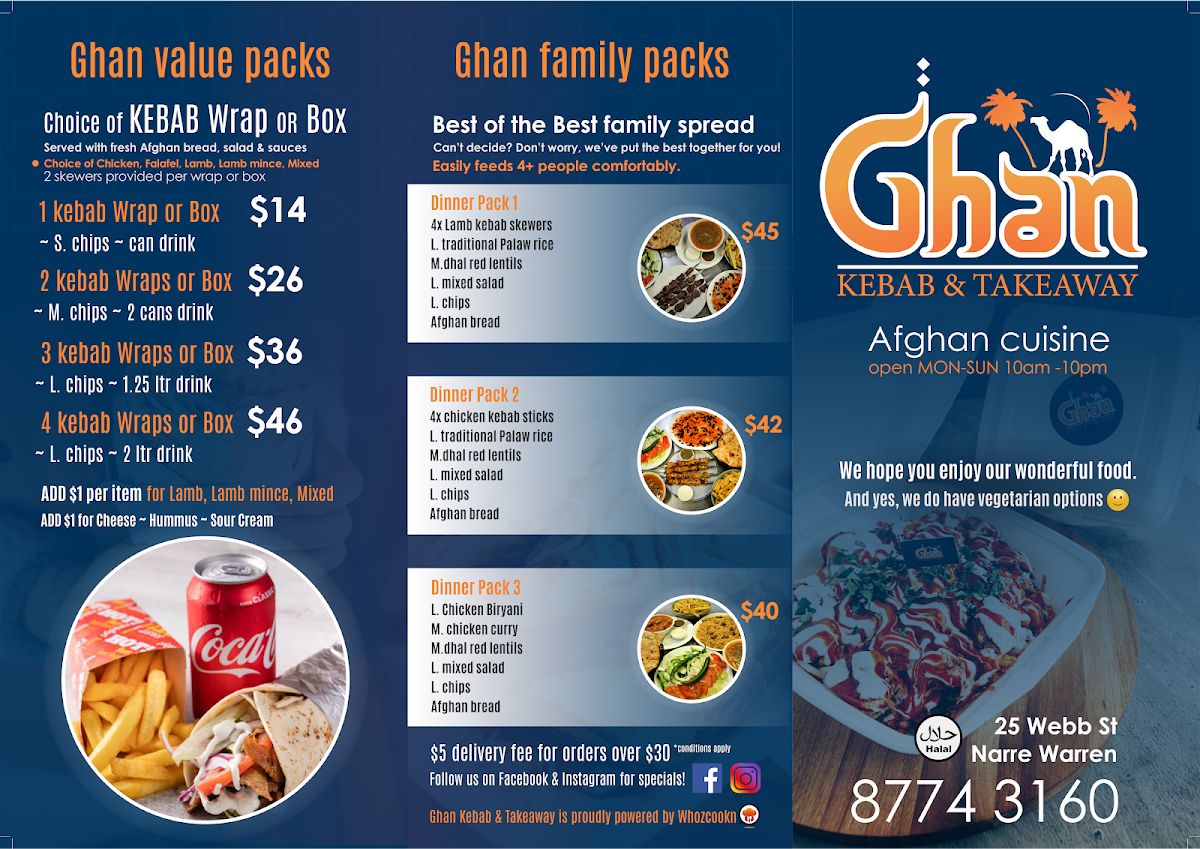 Menu, Ghan Kebab & Takeaway