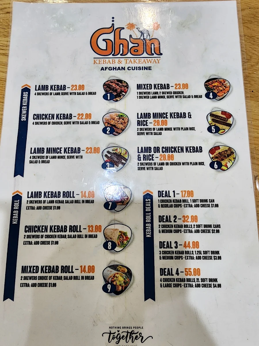 Menu, Ghan Kebab & Takeaway