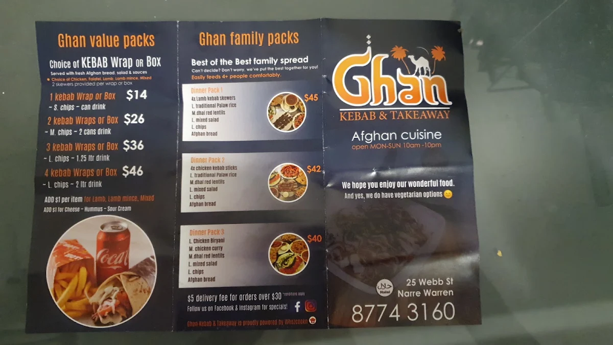 Menu, Ghan Kebab & Takeaway