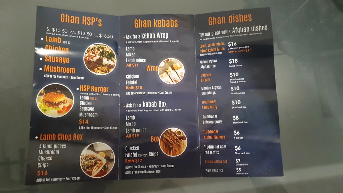 Menu, Ghan Kebab & Takeaway