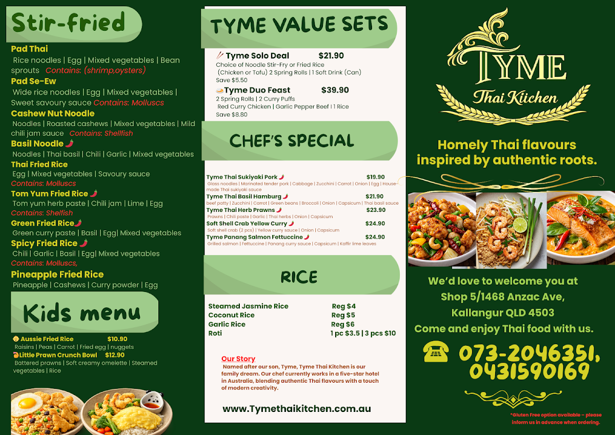 Menu, TYME Thai Kitchen