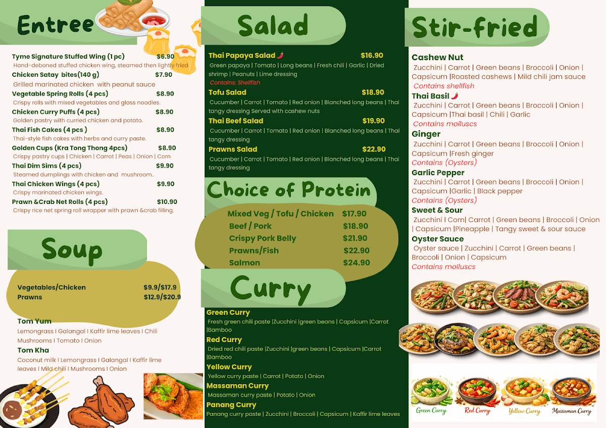 Menu, TYME Thai Kitchen