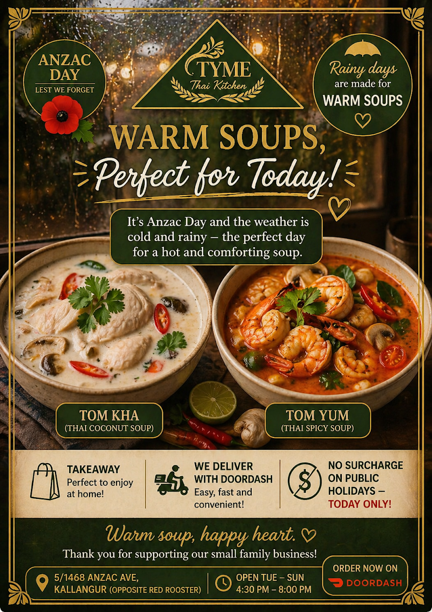 Menu, TYME Thai Kitchen