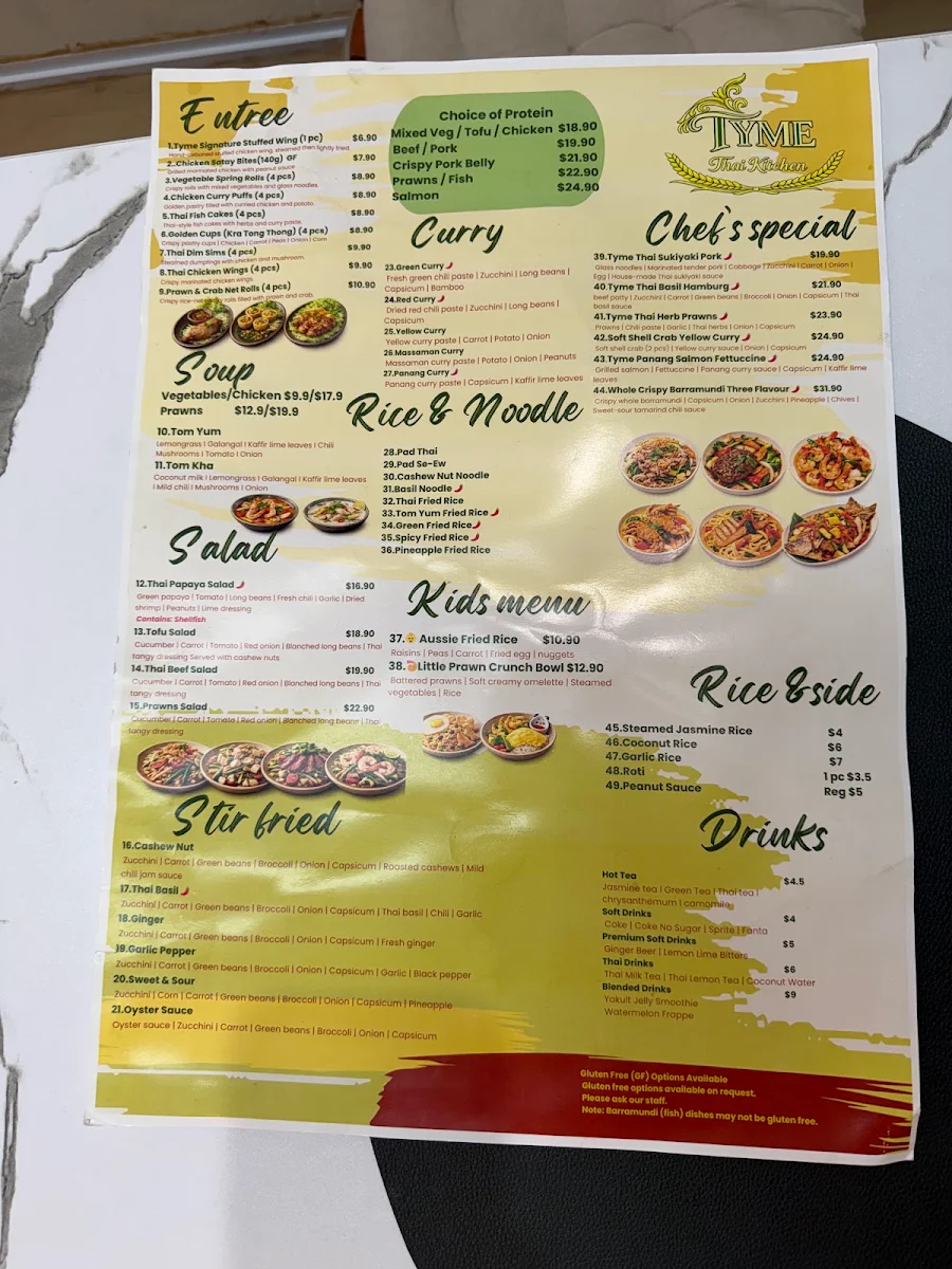 Menu, TYME Thai Kitchen