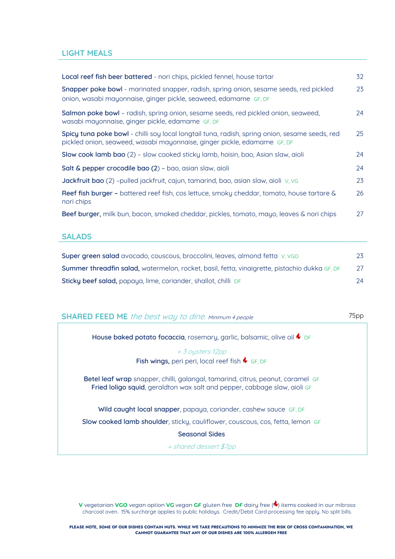 Menu, Snapper Rocks
