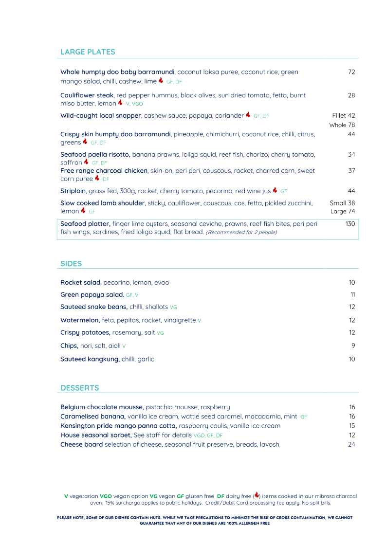 Menu, Snapper Rocks